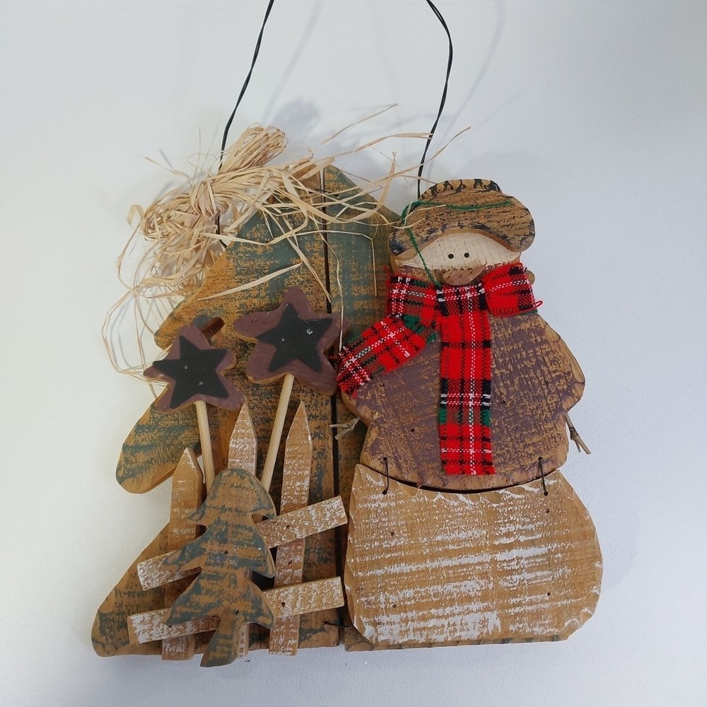 Vintage Rustic Snowman Christmas Hanging Decor Wooden Primitive